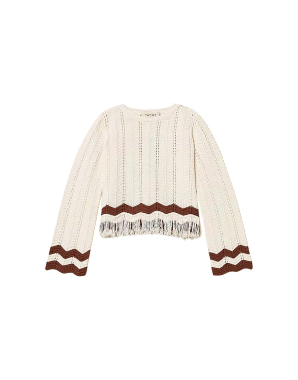 261GJ3024 13198 Maglia girocollo con zig-zag e frange 261GJ3024 13198 Twinset 