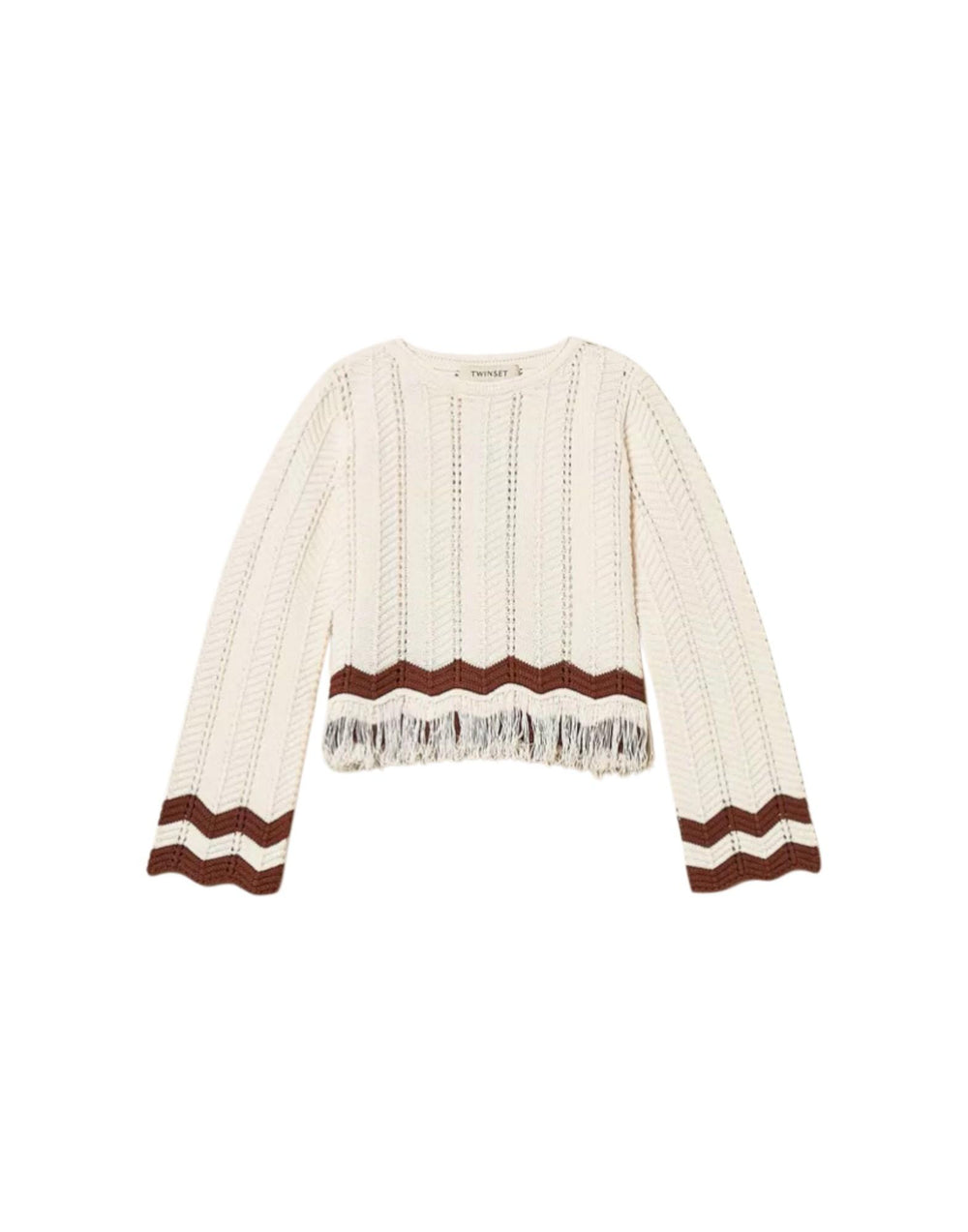 261GJ3024 13198 Maglia girocollo con zig-zag e frange 261GJ3024 13198 Twinset 